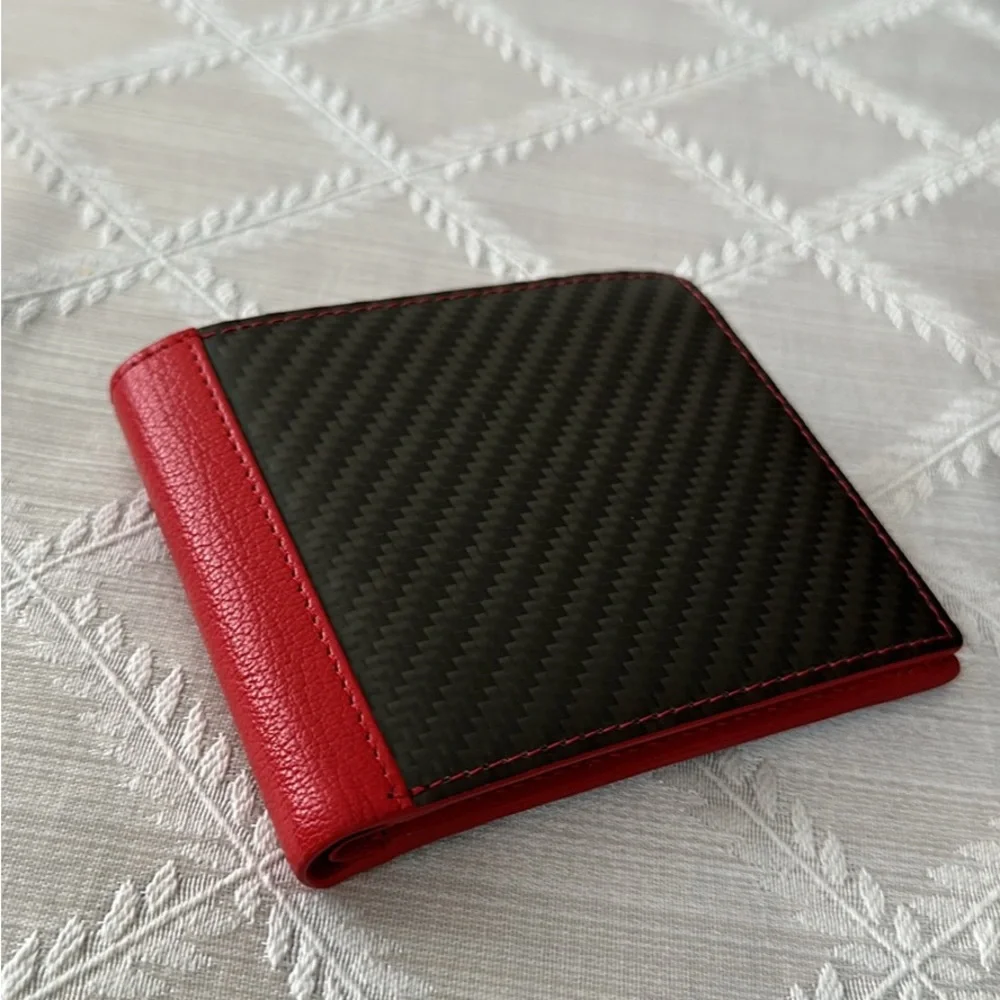Hide K 1896 RFID Leather Bifold Wallet Red Carbon Fiber New